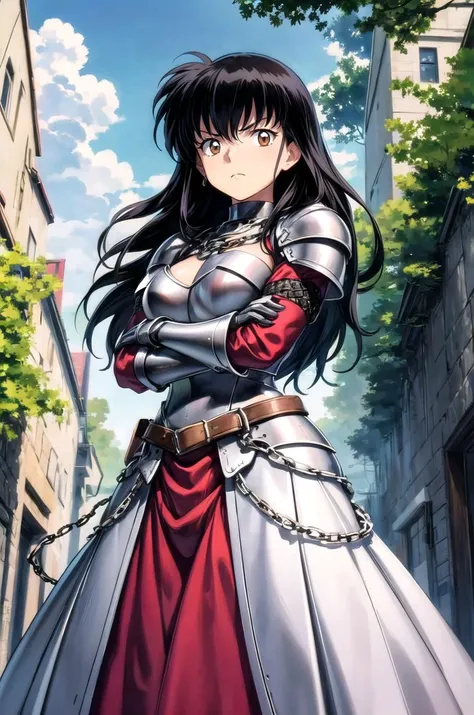 (masterpiece, best quality, detailed), 1girl, solo, looking at viewer, <lora:EPinKagome:0.7>, EPinKagome, black hair, brown eyes, retro artstyle, armor, breastplate, shoulder armor, plate armor, knight, (chainmail), ruins, outdoors, overgrown, crossed arms, gloves, gauntlets, boobplate, cloudy sky, from below, angry, glaring, closed mouth