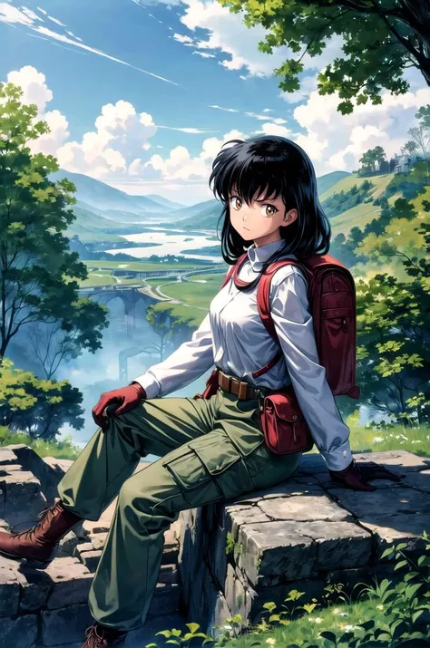 (masterpiece, best quality, detailed), 1girl, solo, looking at viewer, <lora:EPinKagome:0.7>, EPinKagome, black hair, brown eyes, retro artstyle, soldier, military, long sleeves, military uniform, camouflage, combat helmet, helmet, ruins, outdoors, (overgrown), (post-apocalypse), sitting, from side, arm support, gloves, pants, belt, pouch, backpack, cloudy sky, fog, tree, rubble, power lines, vines, rock, sitting on rock, angry, glaring, closed mouth