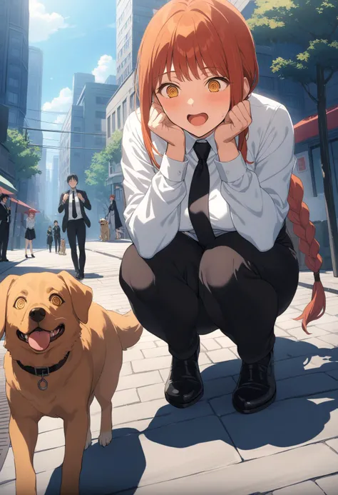 1girl, makima, braided ponytail, ringed eyes, formal, white shirt, long sleeves, black necktie, black pants, hands up, hands on own cheeks, solo focus, excited, open mouth, squatting, dog, dog in foreground, looking down, looking at another, outdoors, city, sidewalk, building, natural lighting, <lora:offset_0.2:0.5>, <lora:sdxl2-flat2-512b:-0.5>, <lora:xl_more_art-full_v1:0.5>, <lora:add-detail-xl:0.5>, anime screencap, masterpiece, best quality, <lora:MakimaXLV7:1>