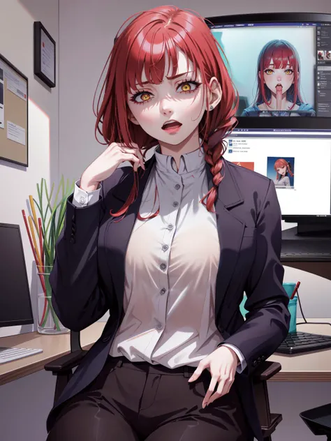 (masterpiece:1.2, best quality:1.1, highres,absurdres, high quality),(photorealistic:1.1),reflected light, colorful,ultra-detailed,8k, ultra hd, super detailed,
makima, collared shirt, black pants, white shirt, braided ponytail, formal, 1girl,red hair, yellow eyes,  office, computer,(big monitor), laptop, keyboard \(computer\),disgusted face, shaded face, open mouth,crossed legs, black jacket, 
 <lora:csm_makima:0.5>     <lora:disgusted:1>