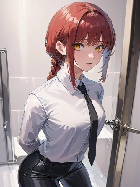 collared shirt, black necktie, black pants,makima, braided ponytail, ringed eyes, 1girl, shower room,((masterpiece, high quality)) <lora:makima_loraxl:0.7>