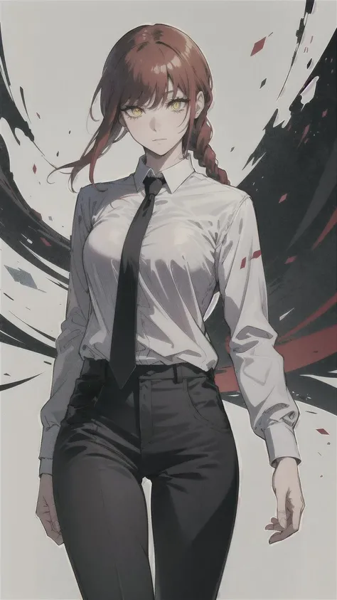 <lora:csm_makima-10:1> makima, braided ponytail, ringed eyes, red hair, yellow eyes, collared shirt, black necktie, black pants, cowboy shot, abstract background,