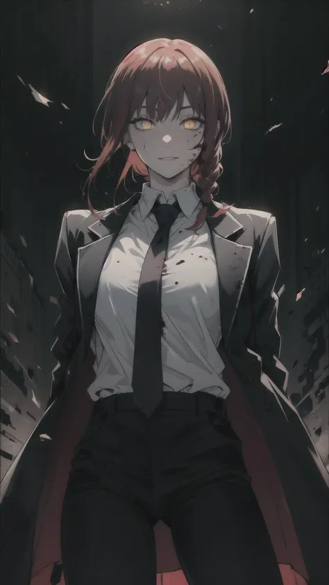 <lora:csm_makima-10:1> makima, braided ponytail, ringed eyes, red hair, yellow eyes, collared shirt, black necktie, black pants, black coat, cowboy shot, facing viewer, hands behind back, dark background, blood on shirt, light smile, glowing eyes, wide eyes, darkness, silhouette,