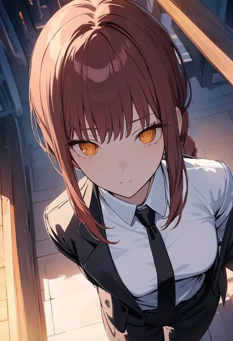 masterpiece, best quality, 1girl, game cg, 4K <lora:MakimaXLV7-000003:1> makima, braided ponytail, ringed eyes, formal, black jacket, white shirt, black necktie, black pants, abstract background, from above, looking at viewer, expressionless