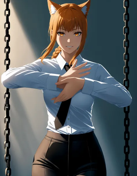 (8k, masterpiece, best quality, fine shadows, cinematic lighting, ultra high res), detailed eyes and face, almond eyes, sharp focus, 1girl, (slim body, small waist, hips, thighs legs, medium breasts), (full body shot:1.3), realistic skin, long eyelashes, anime, black pants, long pants, white shirt, long sleeves, black necktie, orange hair, long hair, wolf ears, wolf tail, makima, braided ponytail, ringed eyes, (chains background:1.3), sinister grin, palms out, <lora:MakimaXLV7:1>