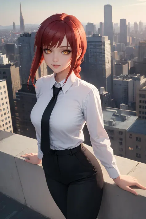 (masterpiece, best quality:1.2), solo, 1girl, makima, smile, looking at viewer, braided ponytail, ringed eyes, collared shirt, black necktie, black pants, cityscape scenery, rooftop <lora:csm_makima-10:1>
