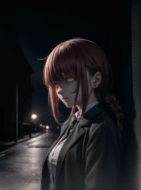 (masterpiece:1.2), best quality, masterpiece, highres, 8k, photorealistic, original, extremely detailed wallpaper, (ultra-detailed), (best illustration), (best shadow), 1girl, (upper body:1.4), makima, red hair, yellow eyes, standing, braided ponytail, ringed eyes, collared shirt, black necktie, black pants, black overcoat, hand in overcoat pocket, blood stains, blood on shirt, blood on face, expressionless, walking towards viewer, ((night, dark atmosphere, dark theme, scary atmosphere, darkness:1.5)), glowing eyes, smoke, looking at viewer, narrow alley, metal bars, blood on floor, blood on walls,