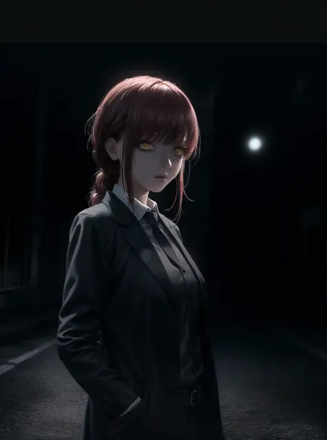 (masterpiece:1.2), best quality, masterpiece, highres, 8k, photorealistic, original, extremely detailed wallpaper, (ultra-detailed), (best illustration), (best shadow), 1girl, (upper body:1.4), makima, red hair, yellow eyes, standing, braided ponytail, ringed eyes, collared shirt, black necktie, black pants, black overcoat, hand in overcoat pocket, blood stains, blood on shirt, blood on face, expressionless, walking towards viewer, ((night, dark atmosphere, dark theme, scary atmosphere, darkness:1.5)), glowing eyes, smoke, looking at viewer, narrow alley, metal bars, blood on floor, blood on walls,