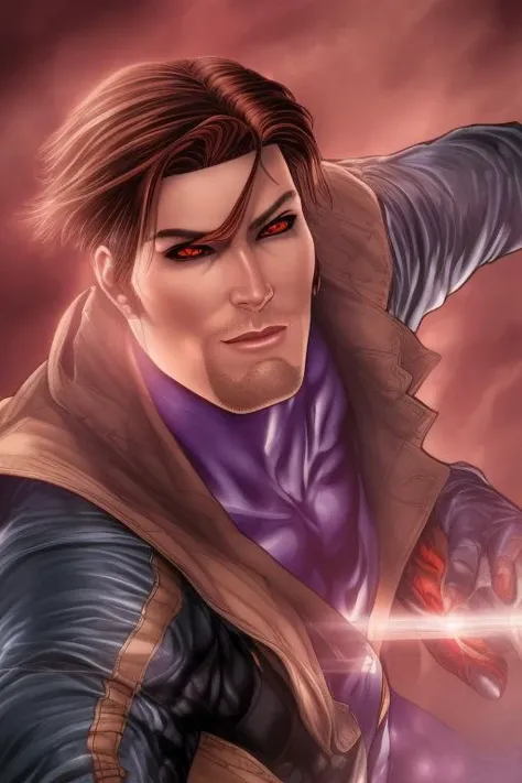 ComiDusk, tarot card, trading card style, 1boy, male_focus, auburn hair, cajun, black sclera red iris, gambit, remy lebeau, looking at camera, art by artgerm, in the style of salvador lacrocca, ComiDusk