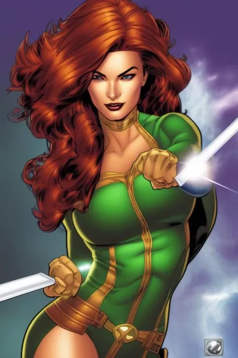 ComiDusk,comic book style, trading card style, 1girl, solo, auburn hair, southern belle, green eyes, looking at camera, rogue from the x-men, art by artgerm, in the style of salvador lacrocca, ComiDusk