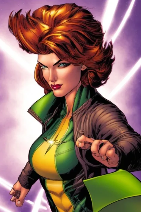 ComiDusk,comic book style, trading card style, 1girl, solo, auburn hair, southern belle, green eyes, looking at camera, rogue from the x-men, art by artgerm, in the style of salvador lacrocca, ComiDusk