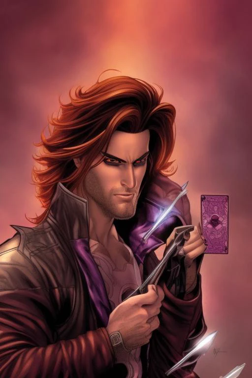 ComiDusk, tarot card, trading card style, 1boy, male_focus, auburn hair, cajun, black sclera red iris, gambit, remy lebeau, looking at camera, art by artgerm, in the style of salvador lacrocca, ComiDusk