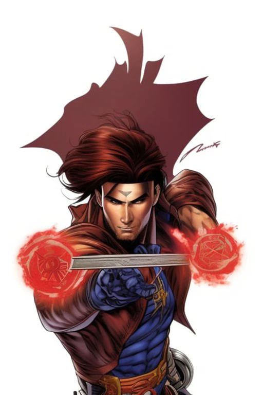 ComiDusk, tarot card, trading card style, 1boy, male_focus, auburn hair, cajun, black sclera red iris, gambit, remy lebeau, looking at camera, art by artgerm, in the style of salvador lacrocca, ComiDusk
