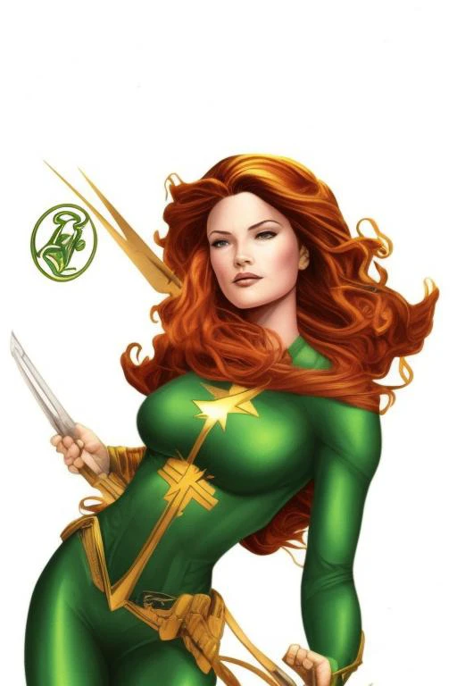 ComiDusk, tarot card style, trading card style, 1girl, solo, auburn hair, southern belle, green eyes, looking at camera, art by artgerm, in the style of salvador lacrocca, ComiDusk