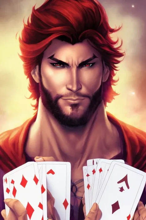 ComiDusk, tarot card, trading card style, 1boy, male_focus, auburn hair, cajun, black sclera red iris, gambit, remy lebeau, looking at camera, art by artgerm, in the style of salvador lacrocca, ComiDusk
