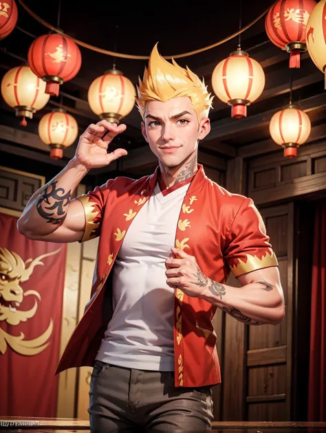 looking at viewer,  Amidst the Chinese New Year festivities of the Dragon, a (handsome young man:1.1)( dons traditional attire:1.5). His clothing reveals chiseled muscles and tattoos, with a red shirt featuring golden dragon embroidery and snug, red trousers adorned with fireworks motifs. Completing the look are golden shoes.
 he stands against a backdrop of gleaming red and gold lanterns on a stage filled with music and firecrackers. The man's tattoos, depicting dragons and Chinese symbols, underscore his cultural connection. With a radiant smile, he extends blessings for the year ahead, encapsulating the spirit of joy and community celebration. His masculine, youthful, and tender features exude warmth and charm, adding to the festive atmosphere of the occasion, 
 <lora:GoodHands-beta2:0.8>, dynamic pose, 
 <lora:Martin_Mystery1-10:0.65> martin mystery, spiked hair, masterpiece, 4k, high quality, highres, absurdres,