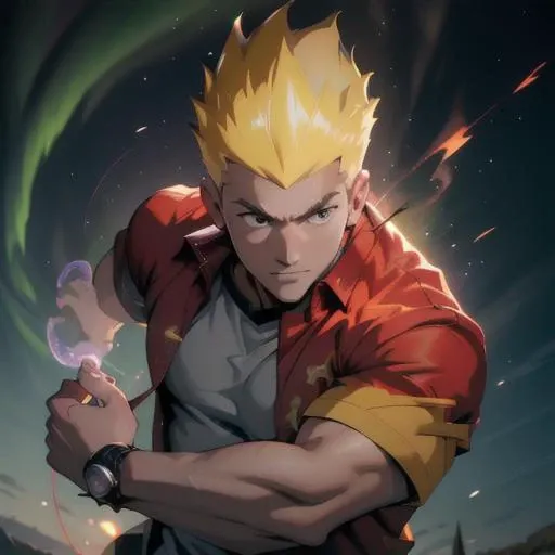 Best quality, masterpiece, ultra high res,detailed background, martin mystery, shirt, spiked hair,1boy ,solo, upper body, martin mystery, <lora:Martin_Mystery1-10:0.6>,shirt, spiked hair,realistic,muscular,magic circle,wind Swirling, Aurora, fantasy scenery,depth of field