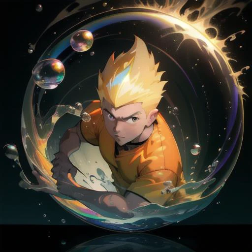 Best quality, masterpiece, ultra high res,detailed background, martin mystery, shirt, spiked hair,1boy ,solo, upper body, martin mystery, <lora:Martin_Mystery1-10:0.6>,shirt, spiked hair,realistic,muscular,magic circle, bubble,on water,reflected mirror,rainbow light, Bubble Swirling, wind Swirling, Aurora, fantasy scenery,depth of field