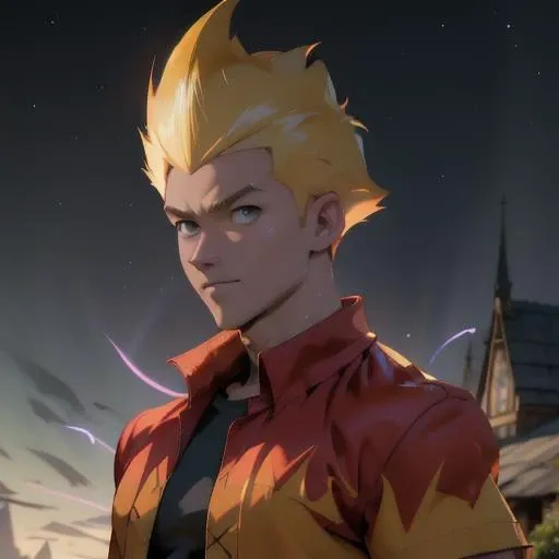 Best quality, masterpiece, ultra high res,detailed background, martin mystery, shirt, spiked hair,1boy ,solo, upper body, martin mystery, <lora:Martin_Mystery1-10:0.6>,shirt, spiked hair,realistic,muscular,magic circle,wind Swirling, Aurora, fantasy scenery,depth of field