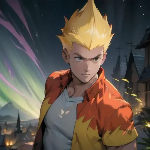 Best quality, masterpiece, ultra high res,detailed background, martin mystery, shirt, spiked hair,1boy ,solo, upper body, martin mystery, <lora:Martin_Mystery1-10:0.6>,shirt, spiked hair,realistic,muscular,magic circle,wind Swirling, Aurora, fantasy scenery,depth of field