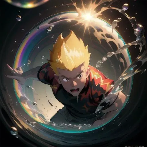 Best quality, masterpiece, ultra high res,detailed background, martin mystery, shirt, spiked hair,1boy ,solo, upper body, martin mystery, <lora:Martin_Mystery1-10:0.6>,shirt, spiked hair,realistic,muscular,magic circle, bubble,on water,reflected mirror,rainbow light, Bubble Swirling, wind Swirling, Aurora, fantasy scenery,depth of field