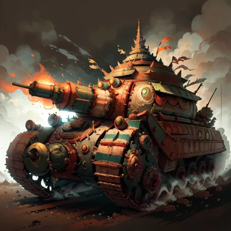 <lora:bronzepunkai2:.9> bronzepunkai battle tank on battlefield