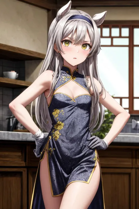 (masterpiece), best quality, (((ultra detailed, 8k quality))), expressive eyes, perfect face, perfect anatomy, perfect body, scene, <lora:scene_:0.7>, <lora:more_details:0.7>, <lora:beautiful_detailed_eyes:0.5>, <lora:GoodHands-beta2:0.7>, dishwasher1910 style, <lora:dishwasherstyle:0.7>, , <lora:more_details:0.3> , <lora:GoodHands-beta2:0.7>, Sistine Fibel, long hair, grey hair, green eyes, red ribbon, gloves, blue choker, Sistine Fibel, blue hairband, long hair, green eyes, grey hair, <lora:chara_Rokuaka_SistineFibel_v1:0.7>, bare shoulders,china dress,chinese clothes,short dress,cleavage cutout,sideboob,thighs,hands_on_hips,furrowed_brow,indoors,small breasts,