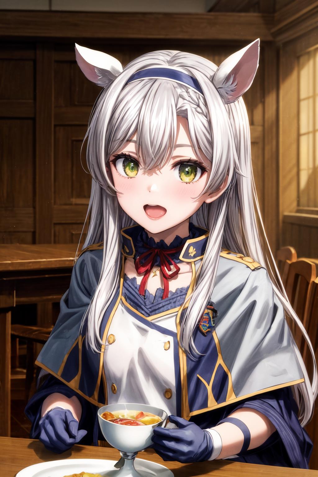 Anime girl with long white hair and cat ears sitting at a table - SeaArt AI