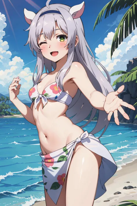 best quality, (masterpiece:1.2), detailed,
<lora:chara_Rokuaka_SistineFibel_v1:0.8>, Sistine Fibel,
1girl, solo, open mouth, smile, blush,
long hair, grey hair, green eyes, one eye closed, blue hairband, animal ears,
white bikini, floral print, sarong, small breasts,
standing, outstretched hand, looking at the viewer,
beach, water, palm, light rays