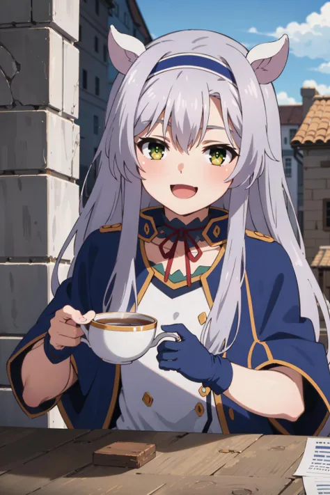 best quality, (masterpiece:1.2), detailed, medieval,
<lora:chara_Rokuaka_SistineFibel_v1:0.8>, Sistine Fibel,
1girl, solo, smile, open mouth,
long hair, grey hair, green eyes, blue hairband, animal ears, portrait, half-closed eyes,
school uniform, blue capelet, white shirt, blue choker, red ribbon, gloves,
sitting, holding tea, looking at the viewer,
outdoors, castle