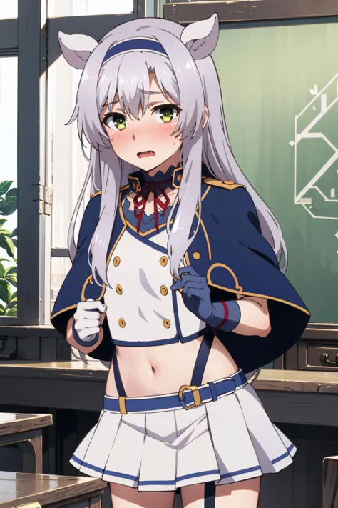 best quality, (masterpiece:1.2), detailed,
<lora:chara_Rokuaka_SistineFibel_v1:0.8>, Sistine Fibel,
1girl, solo, open mouth, wavy mouth, nose blush, embarrassed,
long hair, grey hair, green eyes, blue hairband, animal ears,
school uniform, suspenders, blue capelet, white shirt, blue choker, red ribbon, miniskirt, white skirt, navel, gloves,
standing, looking at the viewer,
indoors, classroom