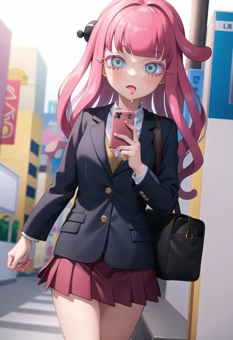 ((masterpiece)), (best quality), (detailed), harmony, school uniform, blazer, skirt, drool, clownfish, holding phone, shoulder bag, <lora:paruko-20:0.9>