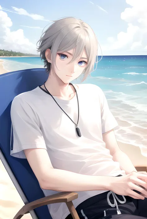 masterpiece, best quality, highres, high quality, 1boy, solo, male focus, looking at viewer, upper body, hair, realistic, <lora:lanlingwang-v2-06:0.76>, beach, lazy chair, swim pants,