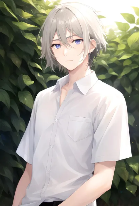 masterpiece, best quality, highres, high quality, 1boy, solo, male focus, looking at viewer, upper body, hair, realistic, <lora:lanlingwang-v2-06:0.76>, summer shirt,