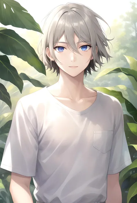 masterpiece, best quality, highres, high quality, 1boy, solo, male focus, looking at viewer, upper body, hair, realistic, <lora:lanlingwang-v2-06:0.76>, summer shirt,