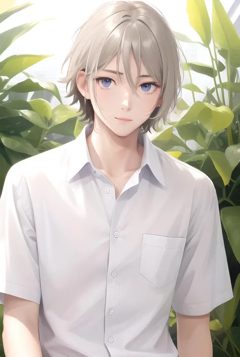 masterpiece, best quality, highres, high quality, 1boy, solo, male focus, looking at viewer, upper body, hair, realistic, <lora:lanlingwang-v2-06:0.76>, summer shirt,