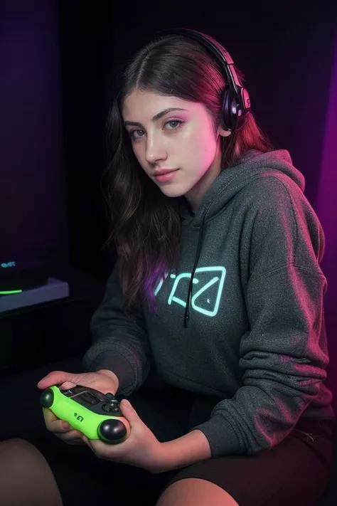 DEN_sofia_espanha,
sitting at a computer wearing headphones and playing games (holding a controller:1.2) wearing a hoodie in a (neon lit room:1.3), (gamer:1.2), gaming, gamer girl, games, (purple lighting, neon:1.2),
bokeh, f1.4, 40mm, photorealistic, raw, 8k, textured skin, skin pores, intricate details <lora:epi_noiseoffset2:1>, epiCRealism <lora:ClothingAdjuster3:-1.1>