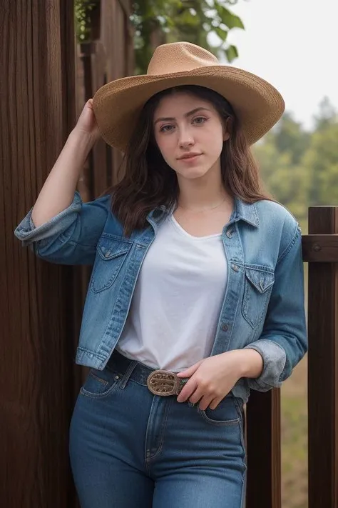 DEN_sofia_espanha,
country beauty posing against a wooden fence with a plaid shirt and jeans and a cowboy hat, cow girl, country girl, cow girl,
bokeh, f1.4, 40mm, photorealistic, raw, 8k, textured skin, skin pores, intricate details <lora:epi_noiseoffset2:1>, epiCRealism <lora:ClothingAdjuster3:-1.1>