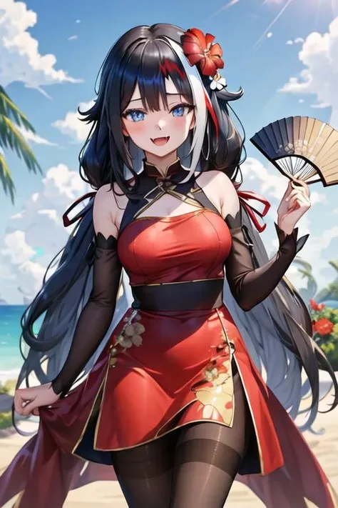 best quality, masterpiece, highres, solo, {deutschland_azurlane:1.15}, multicolored_hair, streaked_hair, black_hair, blue_eyes, long_hair, red_hair, white_hair, breasts, bangs, smile, blush, very_long_hair, open_mouth, 1girl, flower, holding, looking_at_viewer, chinese_clothes, dress, folding_fan, hand_fan, red_dress, china_dress, holding_fan, hair_between_eyes, hair_flower, hair_ornament, sleeveless, sleeveless_dress, fang, pantyhose