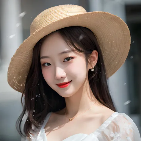 hyper realistic lifelike texture dramatic lighting unreal engine trending on art station, award winning photo, nikon RAW photo,8 k, Fujifilm XT3,masterpiece, best quality, realistic, photorealistic, ultra detailed, extremely detailed face, solo,1girl, standing, fashionable and trendy atmosphere, high-end makeup products, and a stylish expression on her face, snowing, Wearing big hat, (smile),