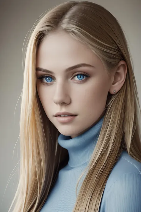 masterpiece, best quality, perfect angle, award winning,  professional portrait photo of a woman, Scarlett Rose,  detailed beautiful eyes, posing for the camera, smile, long blonde hair,  wearing a blue turtleneck, sharp focus, detailed, intricate, high quality, high resolution, hyper realistic, dramatic lighting, soft light, key light, fill light, rim light, photography by Brooke Shaden, photography studio backdrop,