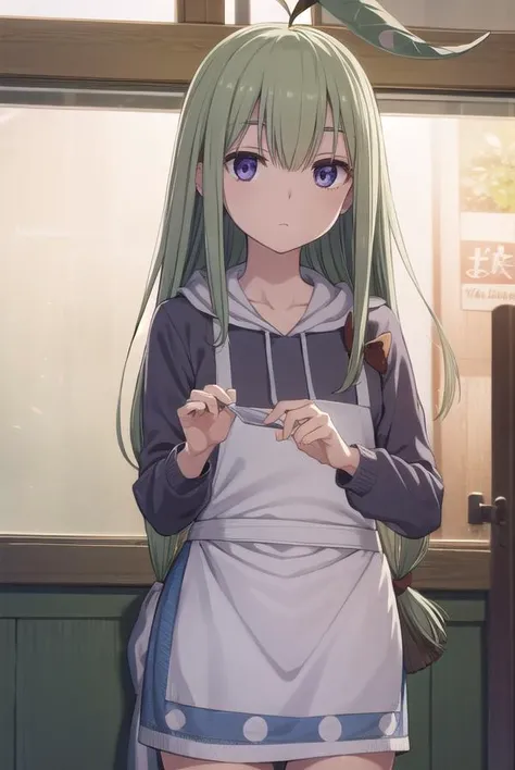 mandragora, <lora:mandragora-lora-nochekaiser:1>,
mandragora, long hair, bangs, ahoge, green hair, (purple eyes:1.1), bow, hair bow,
BREAK shorts, hood, apron, hoodie,
BREAK indoors,
BREAK looking at viewer, (cowboy shot:1.5),
BREAK <lyco:GoodHands-beta2:1>, (masterpiece:1.2), best quality, high resolution, unity 8k wallpaper, (illustration:0.8), (beautiful detailed eyes:1.6), extremely detailed face, perfect lighting, extremely detailed CG, (perfect hands, perfect anatomy),