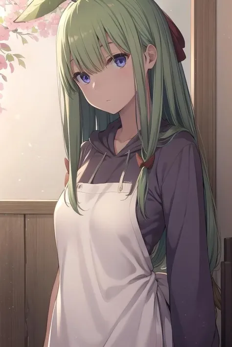 mandragora, <lora:mandragora-lora-nochekaiser:1>,
mandragora, long hair, bangs, ahoge, green hair, (purple eyes:1.1), bow, hair bow,
BREAK shorts, hood, apron, hoodie,
BREAK indoors,
BREAK looking at viewer, (cowboy shot:1.5),
BREAK <lyco:GoodHands-beta2:1>, (masterpiece:1.2), best quality, high resolution, unity 8k wallpaper, (illustration:0.8), (beautiful detailed eyes:1.6), extremely detailed face, perfect lighting, extremely detailed CG, (perfect hands, perfect anatomy),