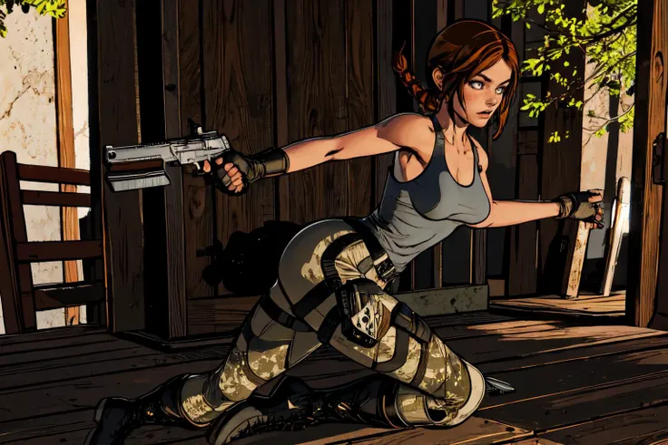 a woman jumping from a tree, floating on midair, gun:1.4, holding guns at grip, dual wield, fire gun a viewer, angry, dynamic pose,beautiful eyes, beautiful girl, high detail skin, high detail eyes, high detail hair, highres, ultra detailed, sharpen picture, Highly detailed, masterpiece, best quality, photorealistic,
<lora:JulieLoRA:0.8> 1girl, long hair, braid, belt, fingerless gloves, tank top, holster, camouflage pants, boots