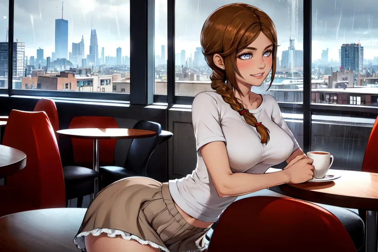 a woman sitting in a cafe holding a cup of tea, big city in background window, rain outside, dynamic sexy pose, shy smile,beautiful eyes, beautiful girl, high detail skin, high detail eyes, high detail hair, highres, ultra detailed, sharpen picture, Highly detailed, masterpiece, best quality, photorealistic,
<lora:JulieLoRA:0.8> 1girl, long hair, petticoat, blouse, braid,