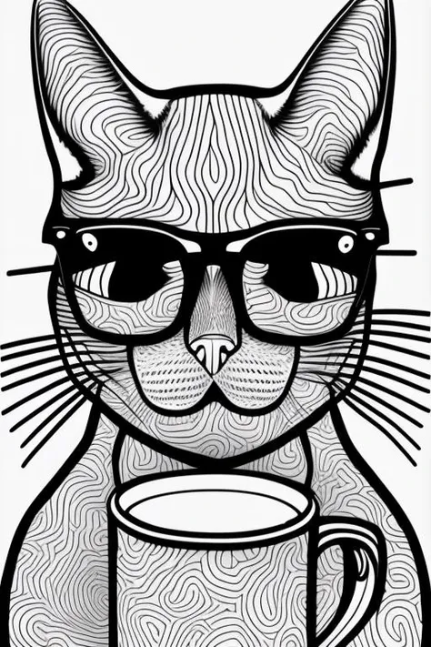 Trippy psychedelic colouring page depicting a hipster cat. The cat is wearing thick rimmed glasses and holding a cup of tea. The cat is staring directly at the viewer with a smug look.