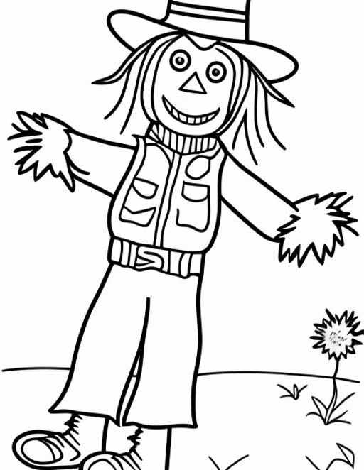 coloring page of a scarecrow wearing a hat