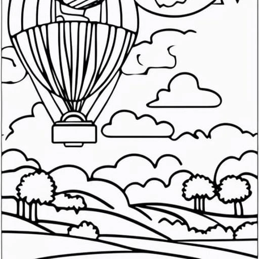 coloring page of a hot air balloon flying over a wheat field