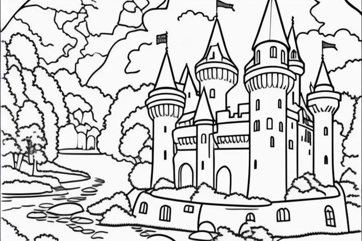 coloring page of a castle by a river