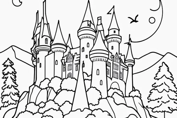 coloring page of a castle by a mountain